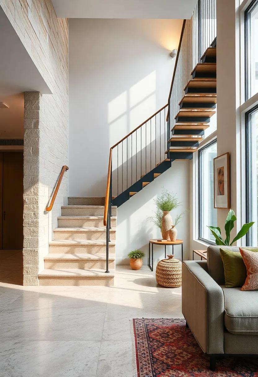 Eclectic Fusion: Discover an eclectic staircase blending various materials, featuring a foldable handrail that complements an ⁤artistic mix of styles