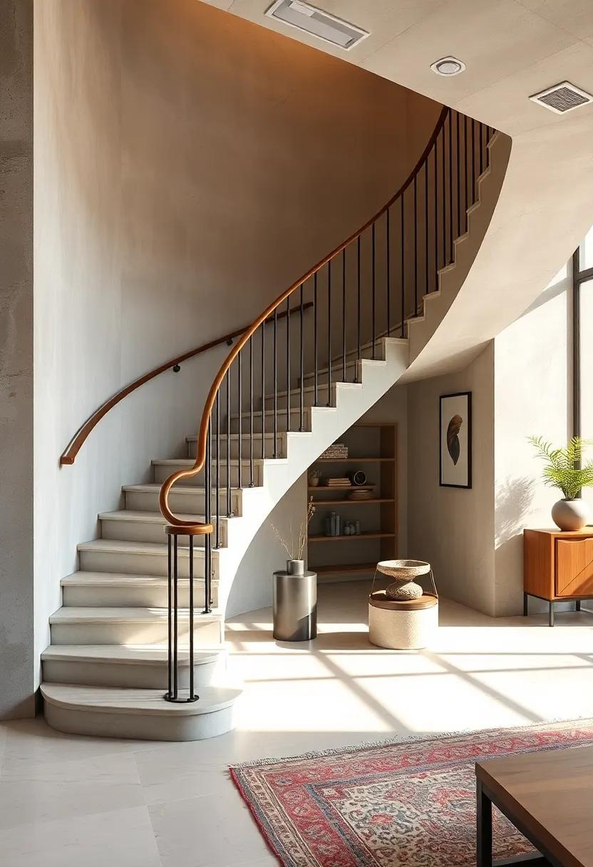 Elegant Efficiency: Experience a‍ graceful curved staircase ‍with an ornate handrail that folds away, blending elegance with practical design for small urban spaces