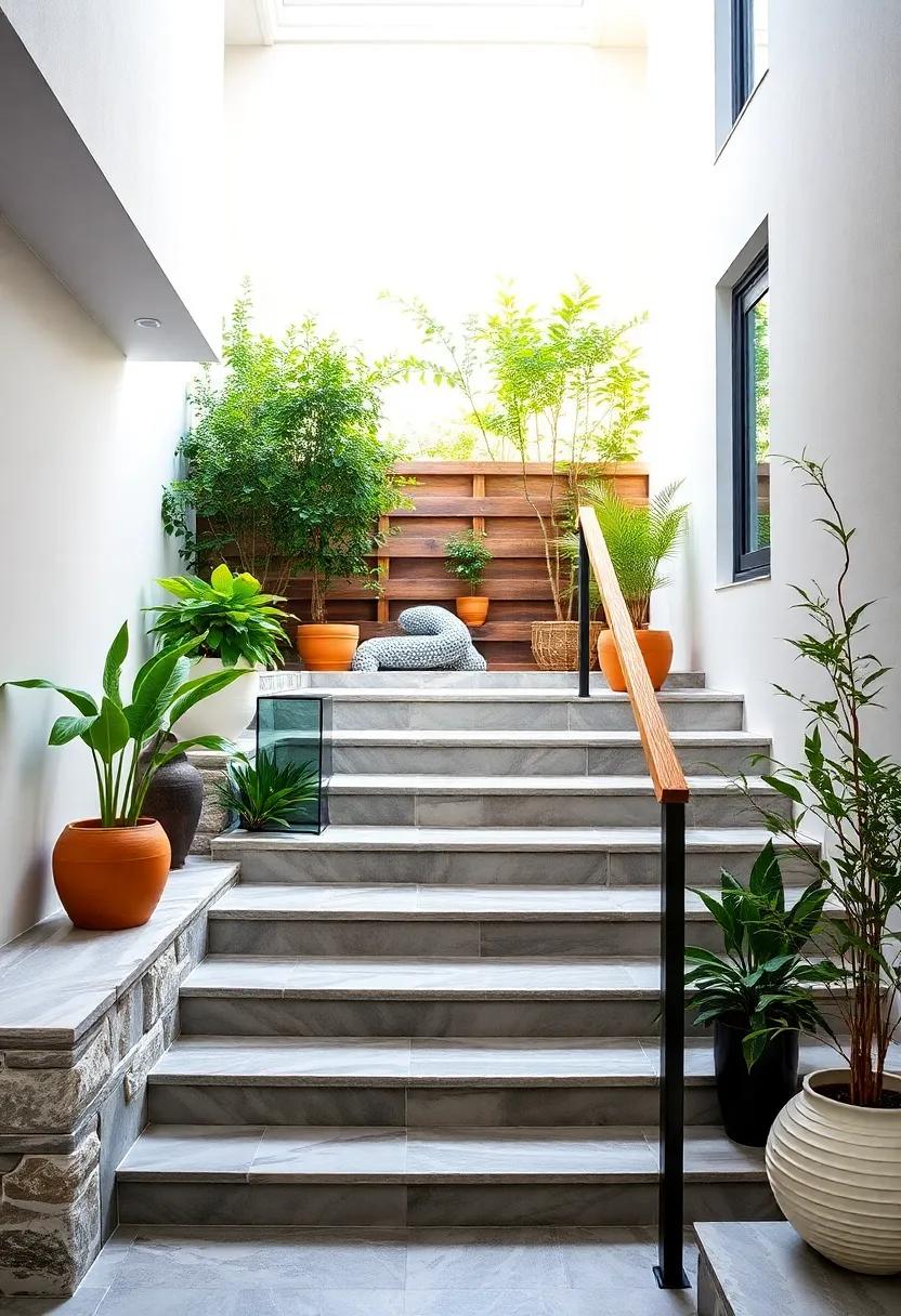 Garden Oasis: Experience an outdoor ‌staircase leading to a​ serene garden, ⁤featuring a natural wood handrail that folds away in warmer months