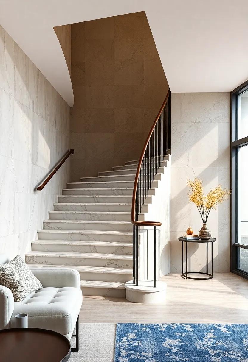 Luxurious Touch: Delve into a luxury staircase with marble finishes, equipped with ⁣a stylish foldable ⁣handrail that adds sophistication without bulk