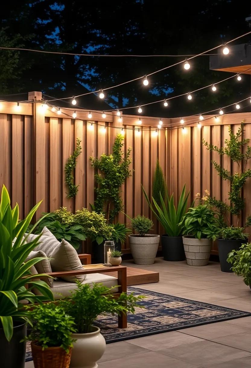 Twinkle tradition: ‌Drape classic white string lights along the top of your fencing to create a timeless, enchanting glow that complements garden aesthetics