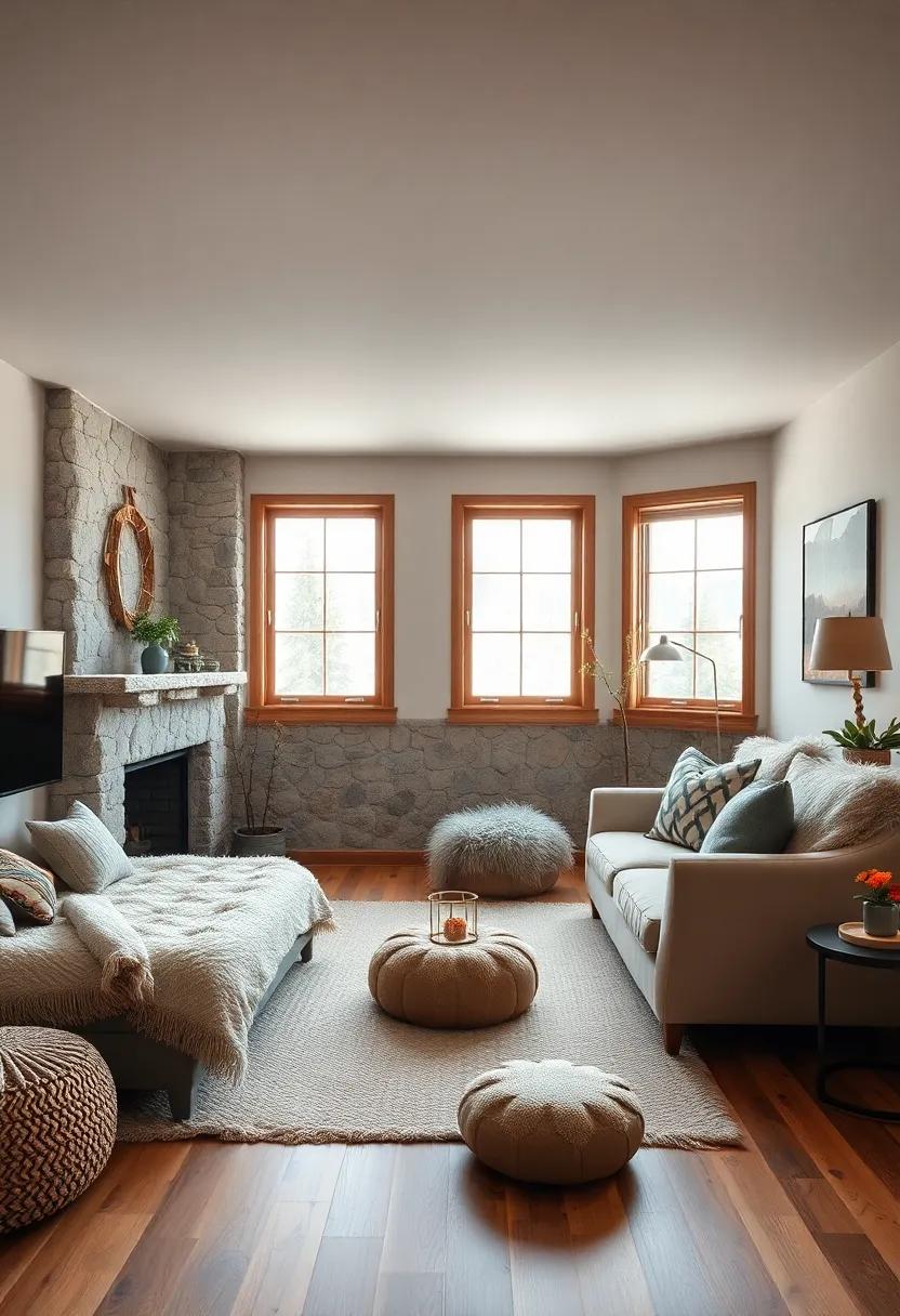 Mountaintop Retreat: Use nature-inspired decor, faux fur blankets, and‍ rugged furnishings to bring the cozy feel of a mountain lodge into your room