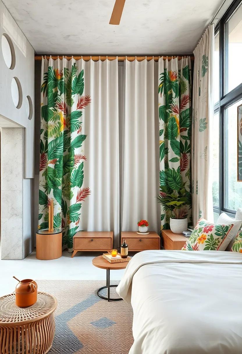 Create a playful atmosphere with bamboo-framed curtains in ⁣a tropical​ print, adding a splash​ of color and whimsy to your serene bedroom