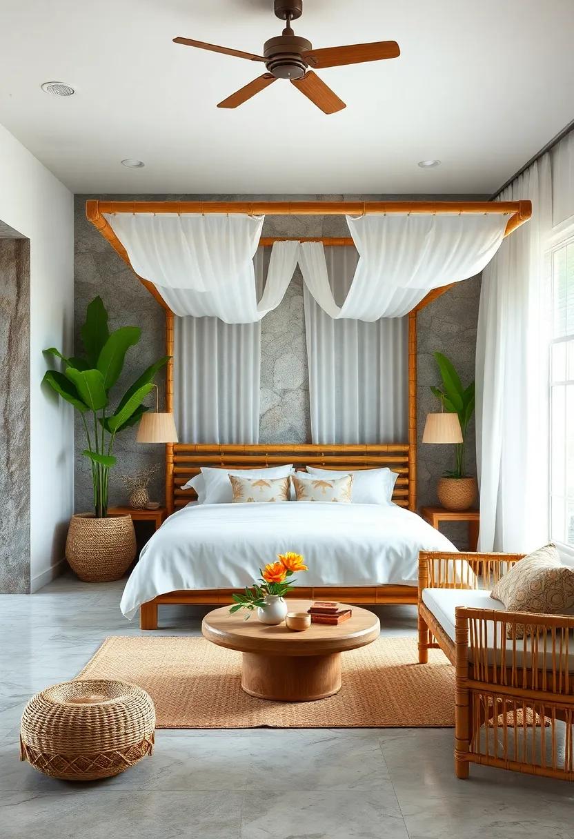Discover the serene ‍beauty of a bamboo canopy bed draped⁣ in white linens, perfectly blending comfort and natural elegance for a peaceful ⁤retreat
