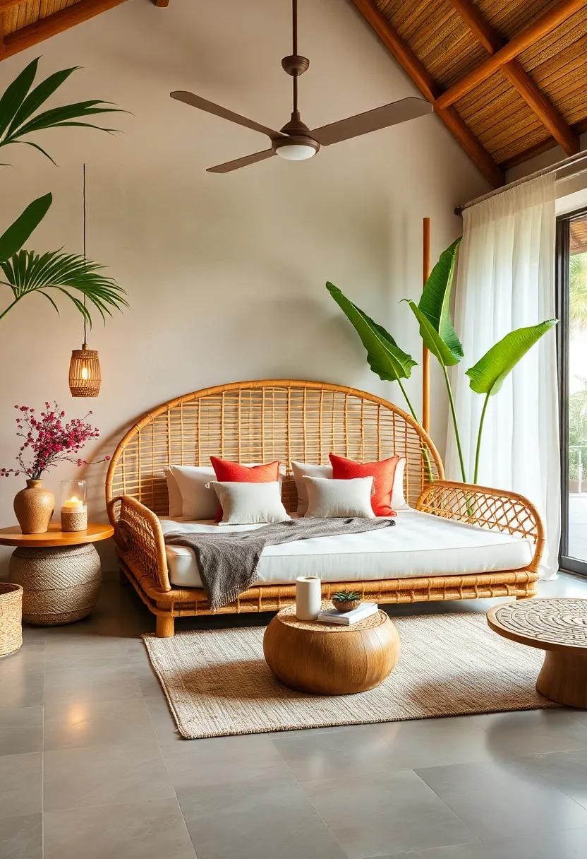 Indulge your senses with a bamboo daybed‍ adorned with plush cushions, offering a stylish and ⁣inviting space to relax‌ and ​recharge