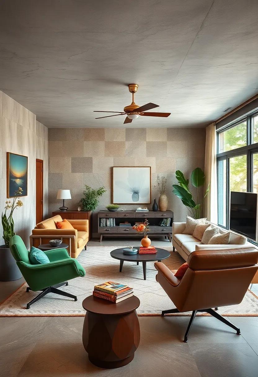 Discover the charm of a mid-century modern living room, where sleek lines meet bold ​colors and iconic furniture pieces like Eames chairs‌ take center stage