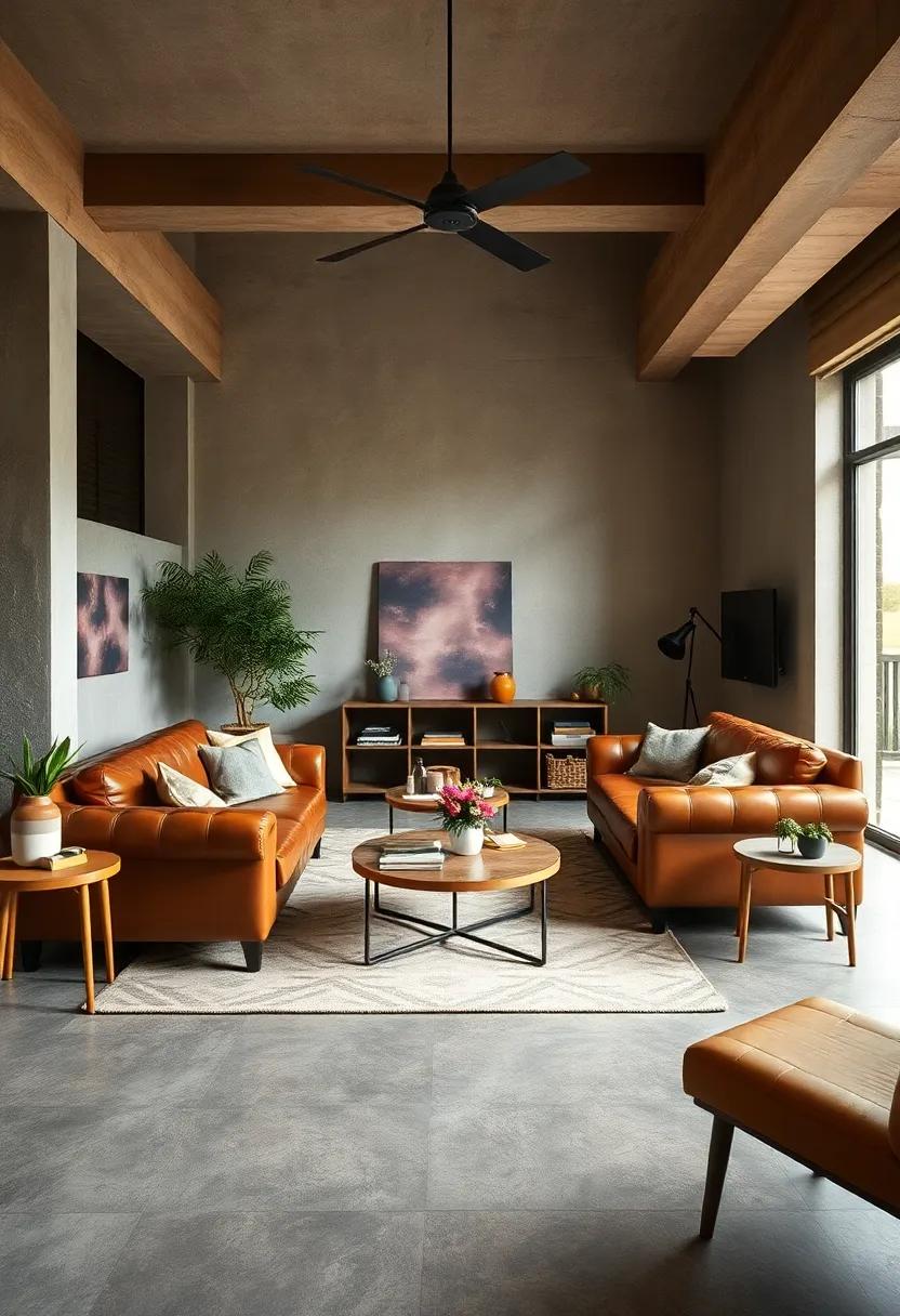 Step into a ​sleek industrial-style living room ​adorned ⁢with vintage leather couches,‌ repurposed materials, and retro lighting that ⁣adds a touch of grit to ⁤elegance