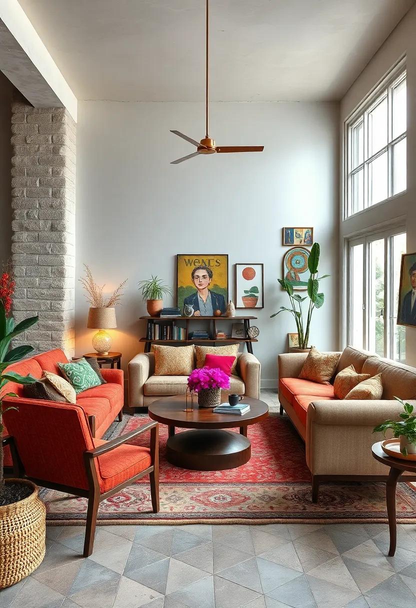 Experience the ⁣eclectic vibe ‍of a bohemian-style living room, where retro furnishings blend⁢ harmoniously with vibrant textiles and ⁣artistic elements for a cozy⁤ retreat