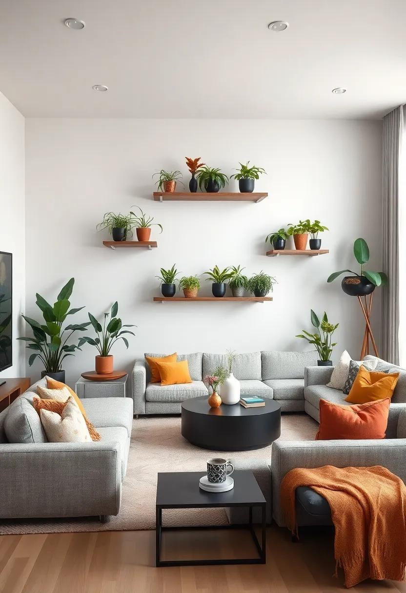 Statement Shelves: A living room featuring oversized, sculptural plant shelves that serve as focal points, inviting bold plants to shine and make a strong design statement