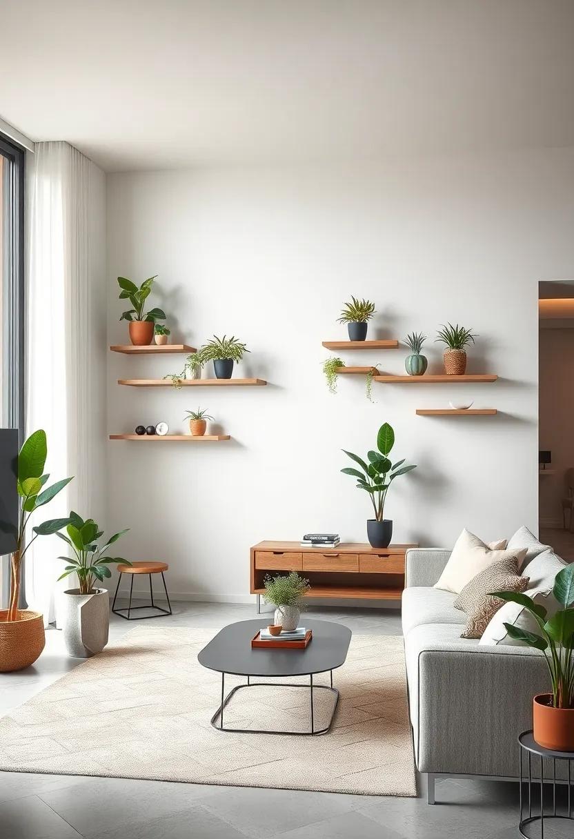 Urban Minimalism: A well-thought-out space featuring sleek, slender shelves that balance out the room's clutter with carefully chosen plants, embodying the essence of modern urban living