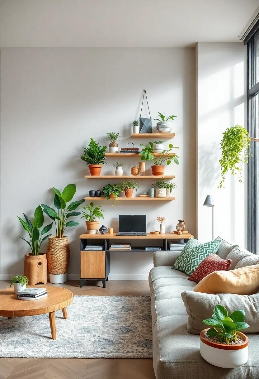 Eclectic Fusion: Custom plant shelves designed from mismatched crates create a unique display filled with colorful pots and diverse plant species, celebrating diversity in both plants and design