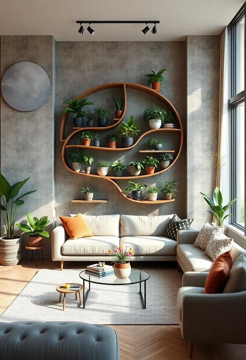 Rustic Charm: A cozy apartment featuring reclaimed wood plant shelves overflowing with trailing vines and ferns, creating a warm and inviting feel reminiscent of a countryside retreat