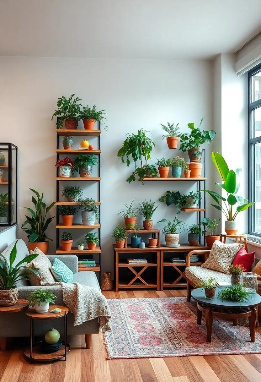 Bohemian Bliss: An eclectic setup showcasing tiered plant shelves filled with an array of colorful pots and lush greenery that encapsulates a free-spirited vibe, perfect for a laid-back atmosphere