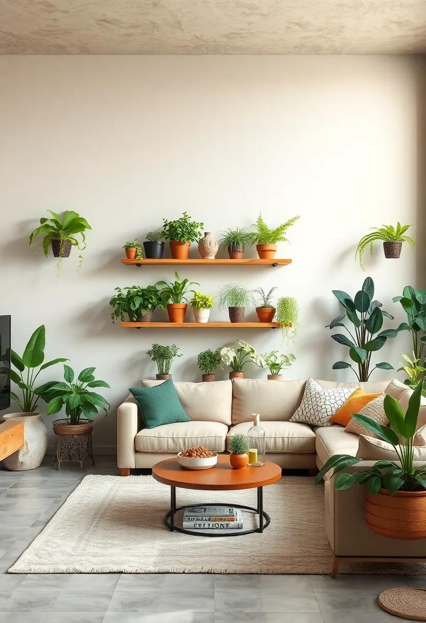 Earthy Elements: An organic-themed living room decorated with natural wood shelves displaying a variety of foliage, including herbs and edible plants, promoting a healthy, sustainable lifestyle
