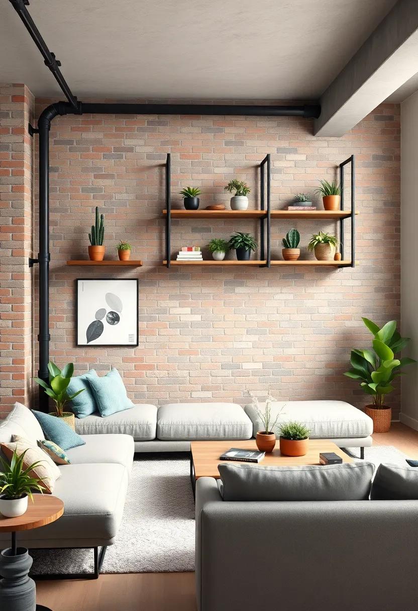industrial Edge: A loft-style living room with open shelving made of black iron pipes, displaying a mix of cacti and air plants that complement the raw aesthetic of exposed brick and concrete