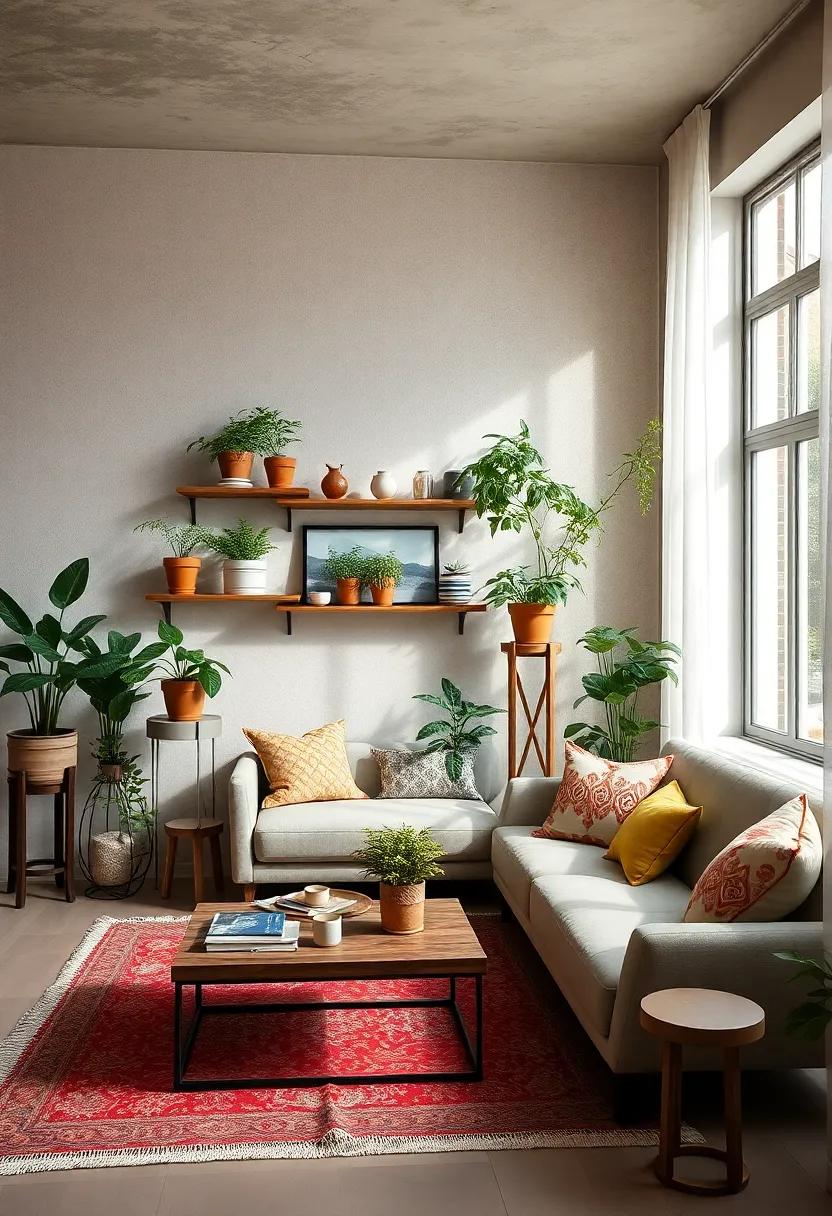 Vintage vibes: A chic living space dotted with antique plant stands and shelves filled with vintage-style planters, mixing nostalgia with greenery for a timeless, curated look