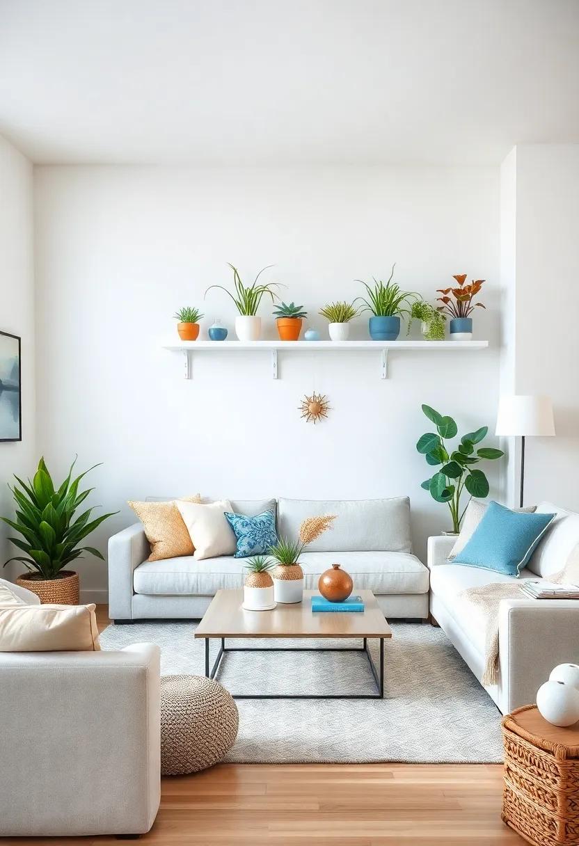 Coastal Cool: A breezy living room featuring airy white shelves that hold a mixture of seaside-inspired plants, like sea oats and succulents, complementing nautical decor and soft blues