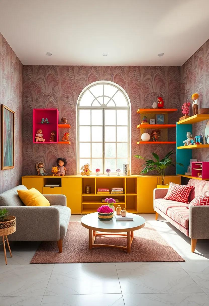 Dazzling Deco dolls: Curate a whimsical area​ with dolls and toys displayed⁤ on ‌colorful shelves, framed ⁣by striking Art Deco wallpapers⁤ in rich hues