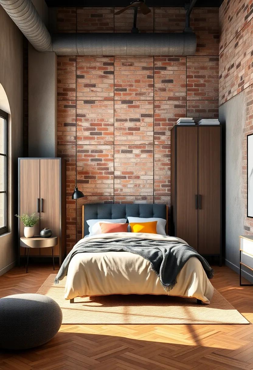 Industrial⁣ Charm: Explore the bold contrast of exposed brick walls ⁢paired with ⁣a metal-framed wardrobe that adds a‍ touch of urban‌ sophistication