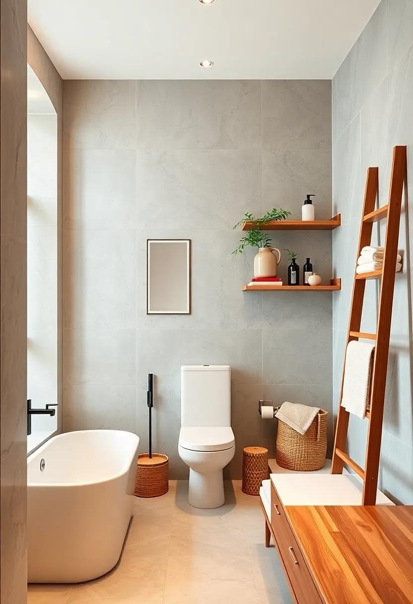 Add Open Storage: Opt for open shelving or a chic ladder for a display of neatly organized bathroom essentials
