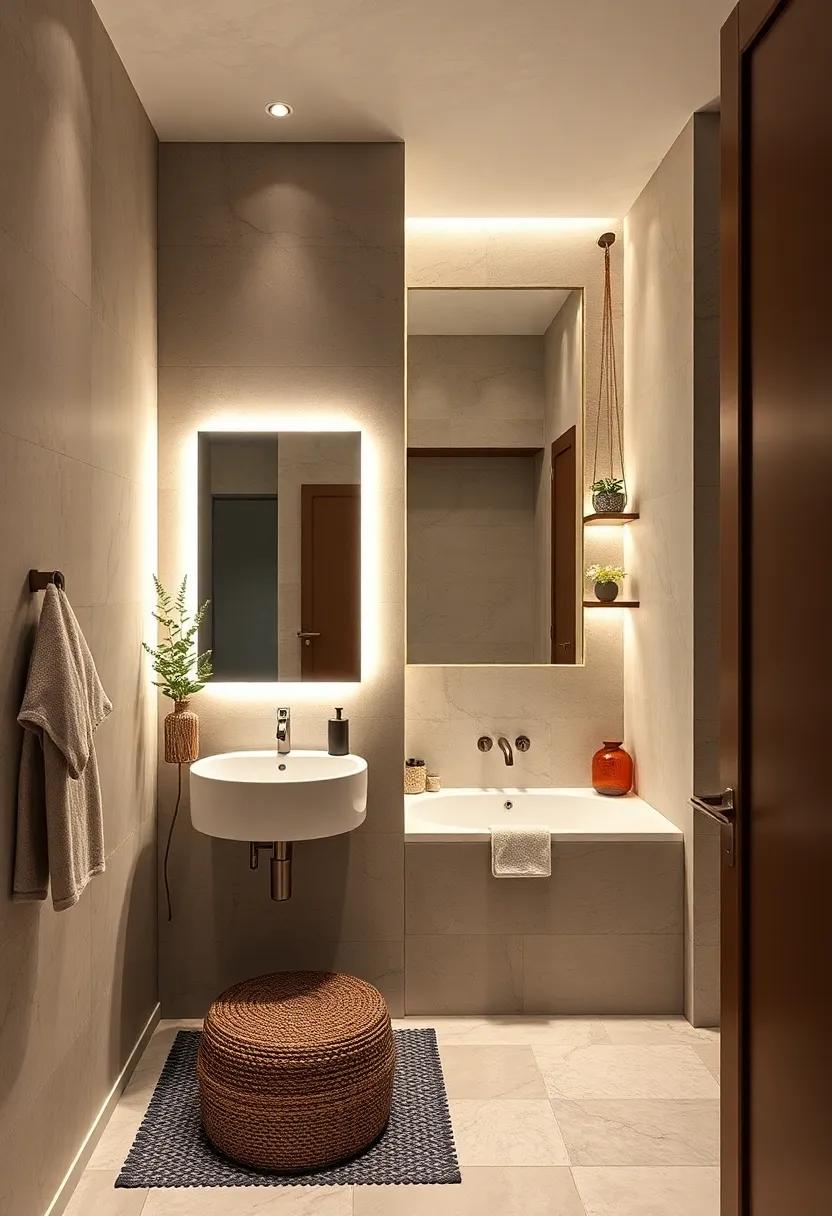 Consider Backlit Features: Add backlit mirrors or LED strips under shelves for an elegant glow that enhances the room's ambiance