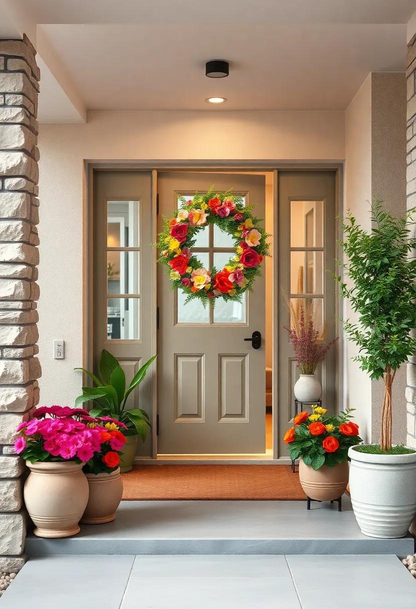 A charming doorstep warmly greets guests, flanked by pots of vibrant blooms and an inviting wreath bedecked with cheerful ranunculus​ and⁢ ferns