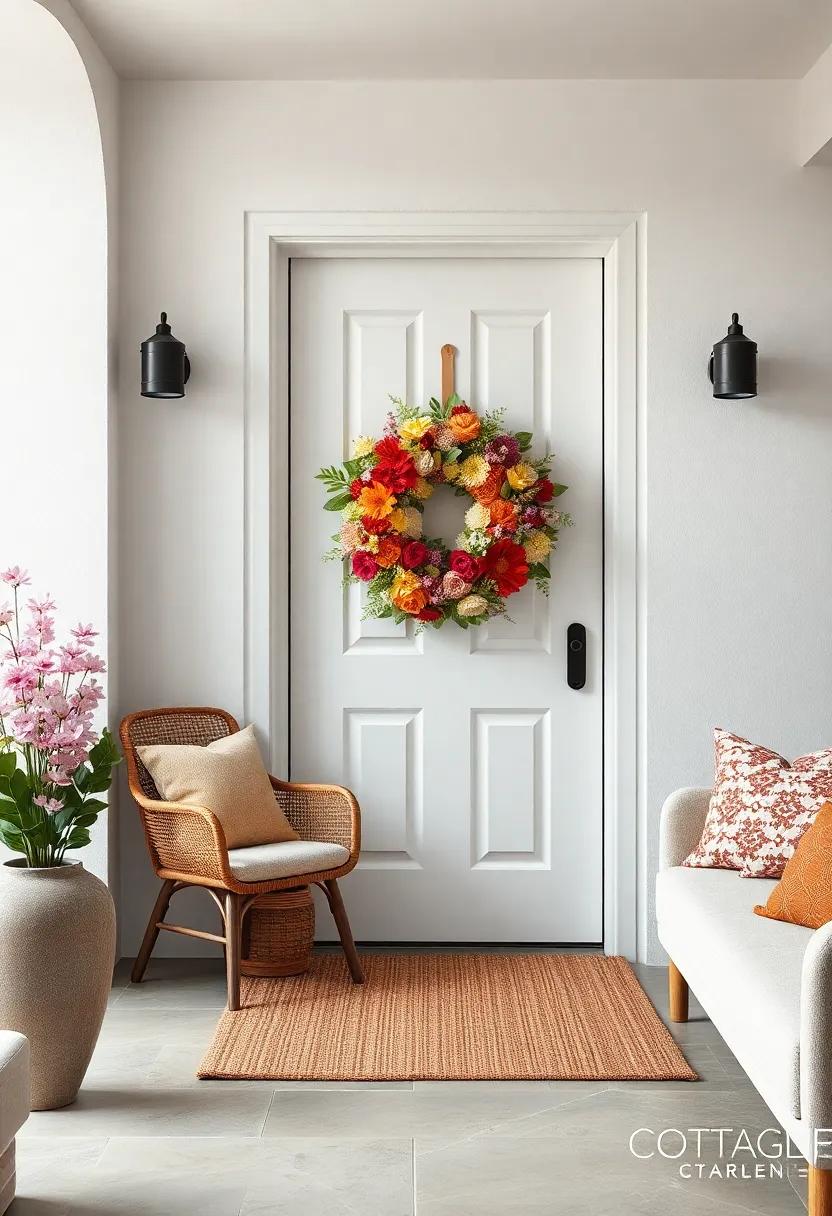 A crisp‍ white door serves⁤ as a ⁢canvas for⁢ a vibrant wreath of mixed seasonal‌ flowers, combining ​all ‌the colors of the rainbow ‍for a lively‍ welcome