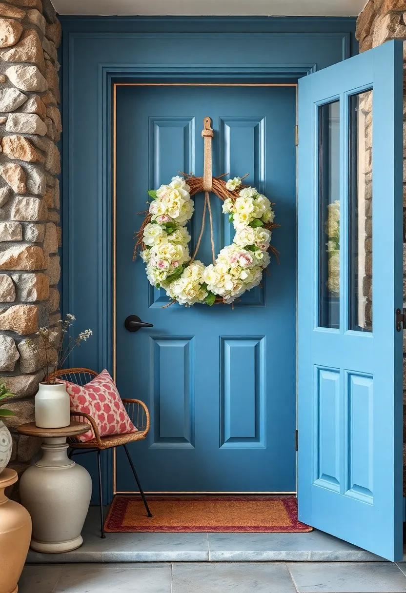 Discover the charm of a blue door exuding coastal vibes,⁣ elegantly framed by⁢ a wreath of hydrangeas and ⁣driftwood, inviting​ the sea breeze into your ⁢home