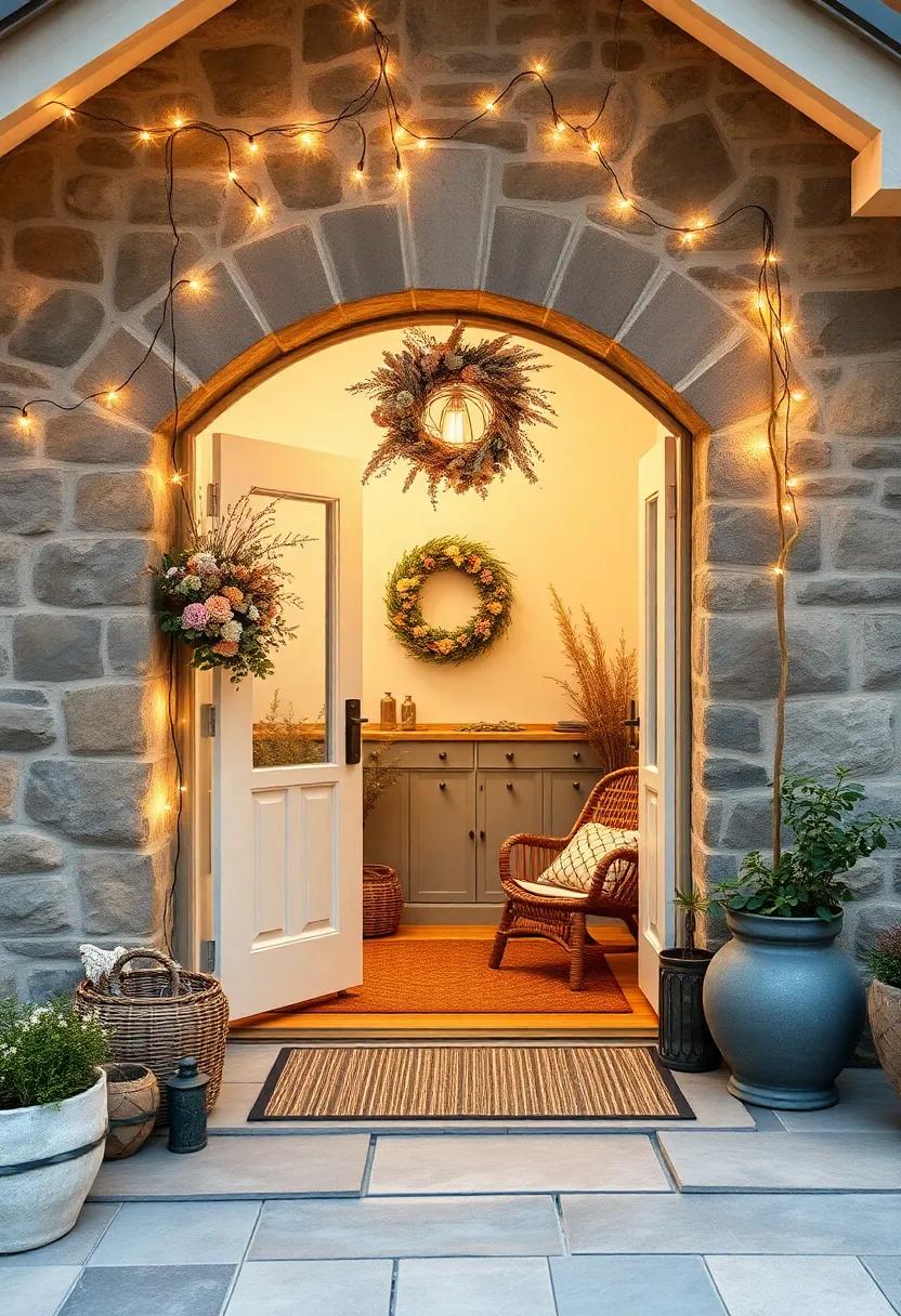 A quaint stone cottage entryway adorned with a wreath ⁣of dried wildflowers⁣ and ‌twinkling fairy lights ‍creates an enchanting ambiance, perfect for evening gatherings