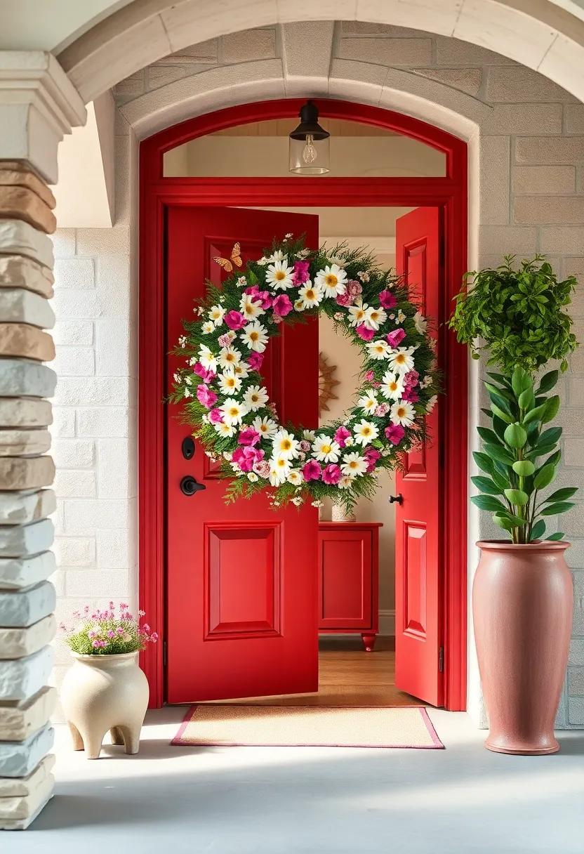 Step ​inside a cozy nook through a‍ classic‍ red ‌front door⁣ wrapped in a summer-inspired floral wreath, complete​ with cheerful daisies and ‍butterflies