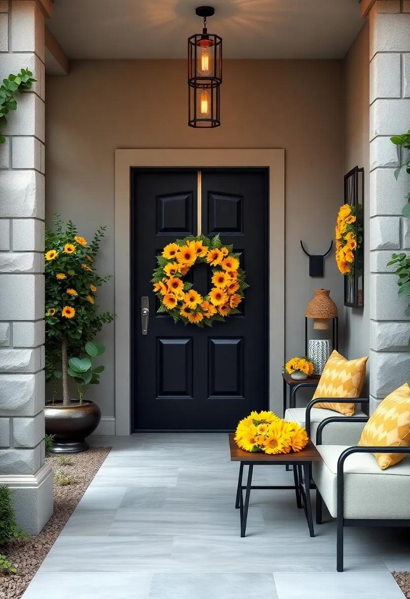 A striking black ⁢door wreathed in golden sunflowers stands against ​lush greenery, ‌marking the‍ start of a welcoming⁢ path that⁣ promises ⁢comfort and warmth⁣ within
