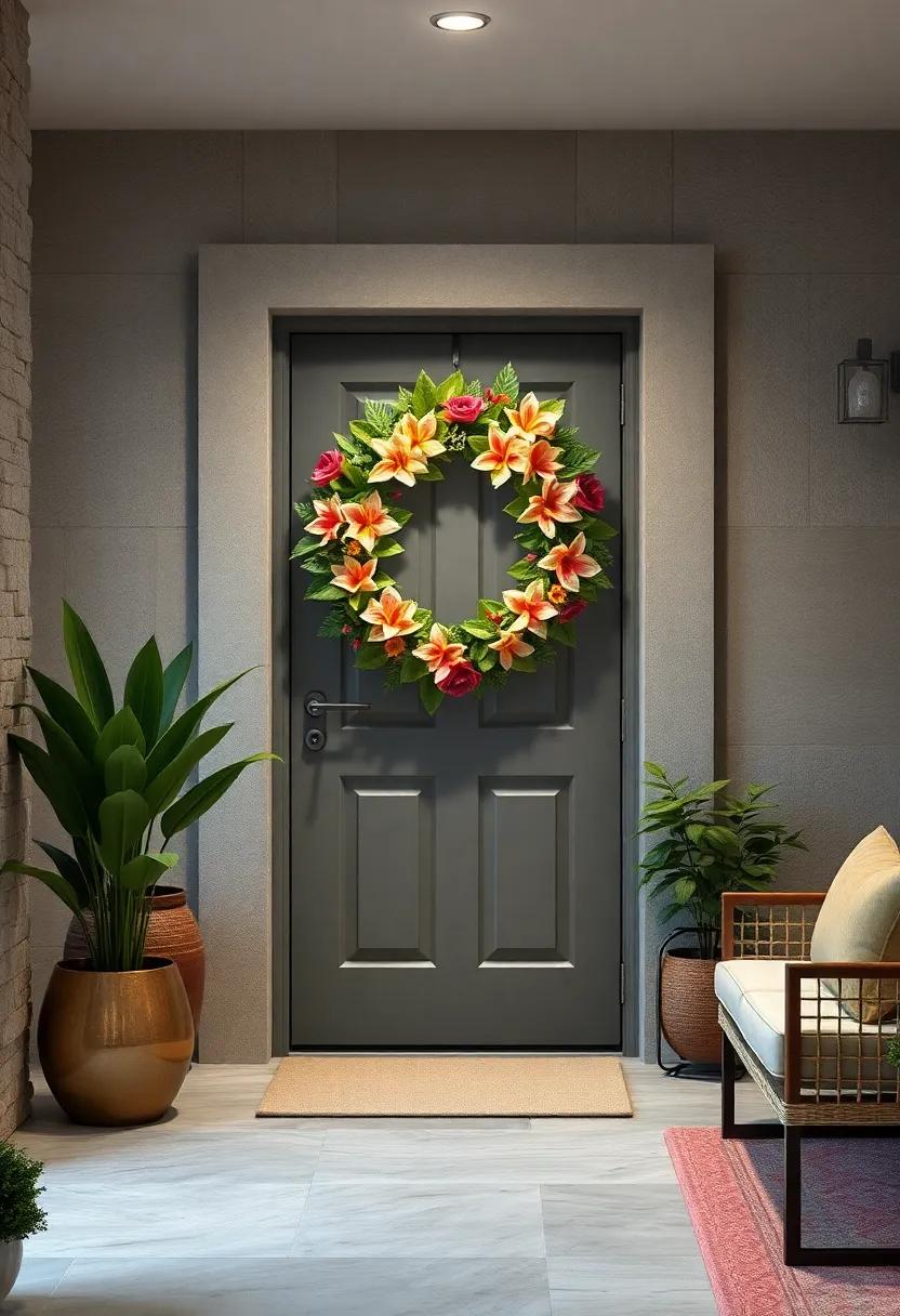 Transform⁣ tradition ⁤with a modern twist on a classic entry, showcasing a silver-gray door illuminated by⁢ a bold ‍wreath ⁤of vibrant tropical flowers