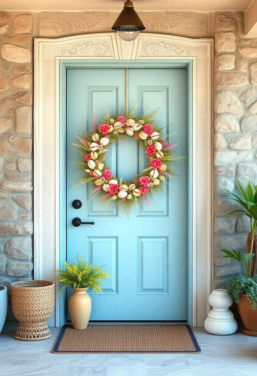 Welcome summer ​with a ⁢beachy vibe as‍ a ‌light blue door showcases a ⁤carefree ⁤wreath of seashells intertwined with wild grasses and​ sun-kissed florals
