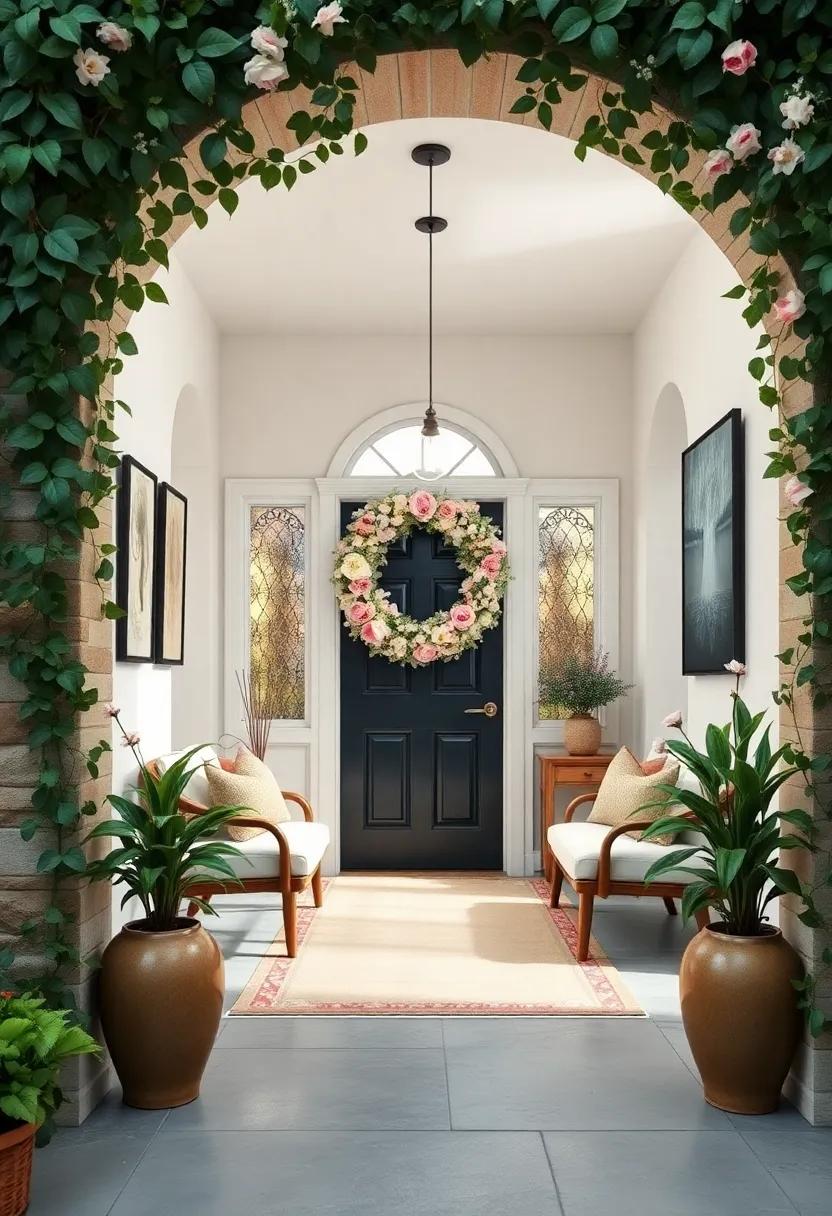 A ⁣whimsical ivy-draped entryway​ features a circular wreath of pink peonies and baby’s breath, creating a dreamy welcome that feels like⁤ a scene from ​a fairytale