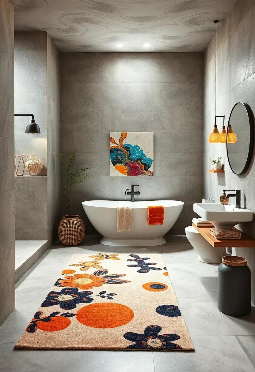 Artistic Flair: Use a large, abstract ​patterned rug to‌ serve as a statement piece that can​ add a splash of modern art to ⁣your bathroom