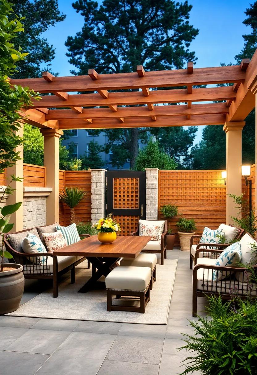 Chic⁤ Pergola Fencing: Combine a⁢ wooden ⁢pergola with lattice infill⁢ alongside ⁤a custom gate for ‌a sophisticated outdoor dining area