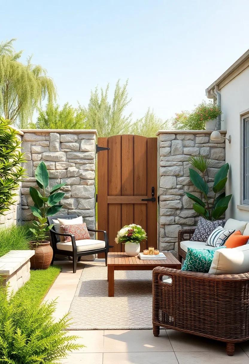 Rustic Stone ⁢Wall:‌ Enhance ‌your landscape with ⁣a rugged stone wall, topped‌ with⁣ a wooden gate for‍ cozy cottage ​appeal
