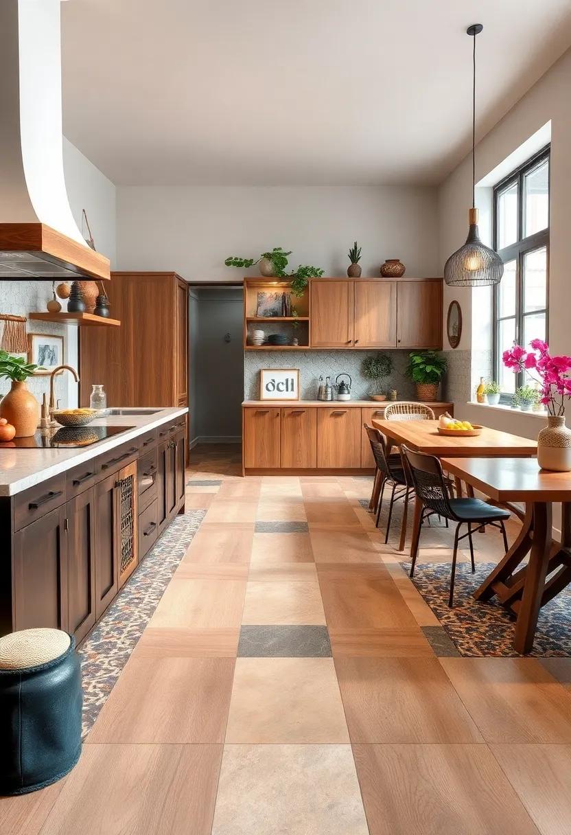 Mosaic Tile Accents: Add visual intrigue with mosaic tile accents alongside your main floor, creating a bespoke bohemian vibe