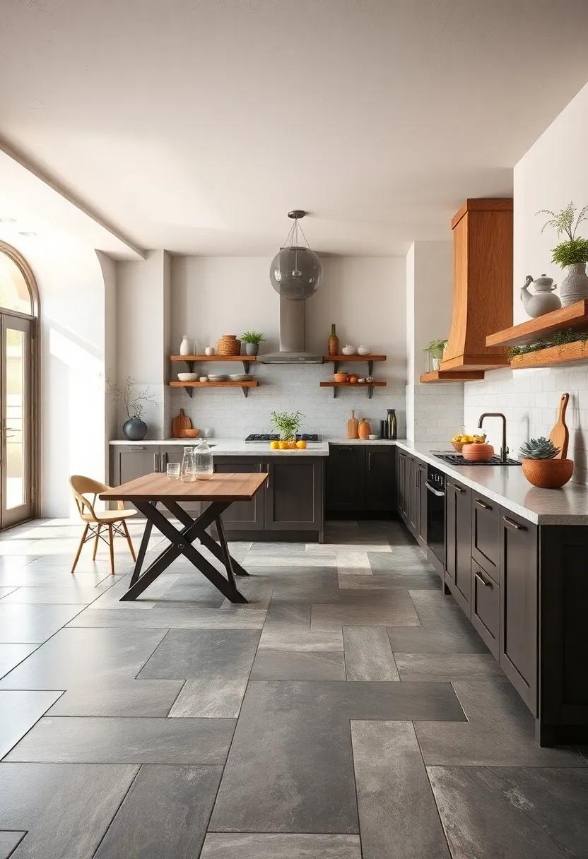 Natural Slate Tiles: Choose natural slate for its inherent beauty and durability, providing a chic, rustic atmosphere in your culinary space