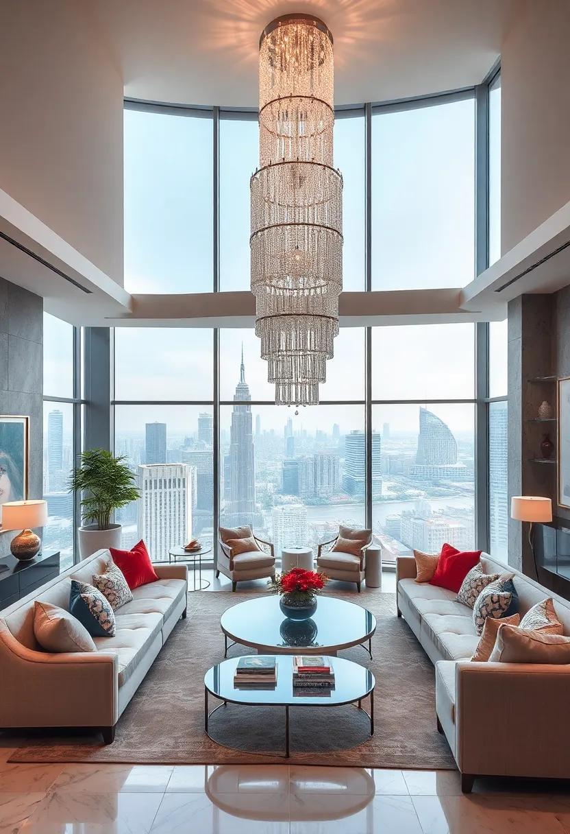 Experience opulence in⁢ a penthouse ‌suite where a ⁢cascading crystal chandelier becomes the centerpiece,​ reflecting the city‌ skyline through floor-to-ceiling⁣ windows