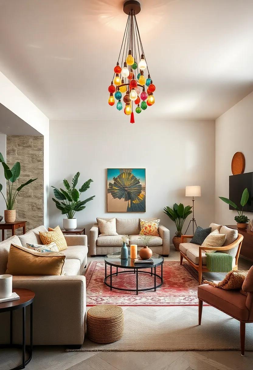 Discover‍ a vibrant⁢ bohemian living ‌room‌ filled with eclectic ⁤decor,where a multicolored pendant ⁢chandelier adds a‍ playful yet sophisticated energy to the space