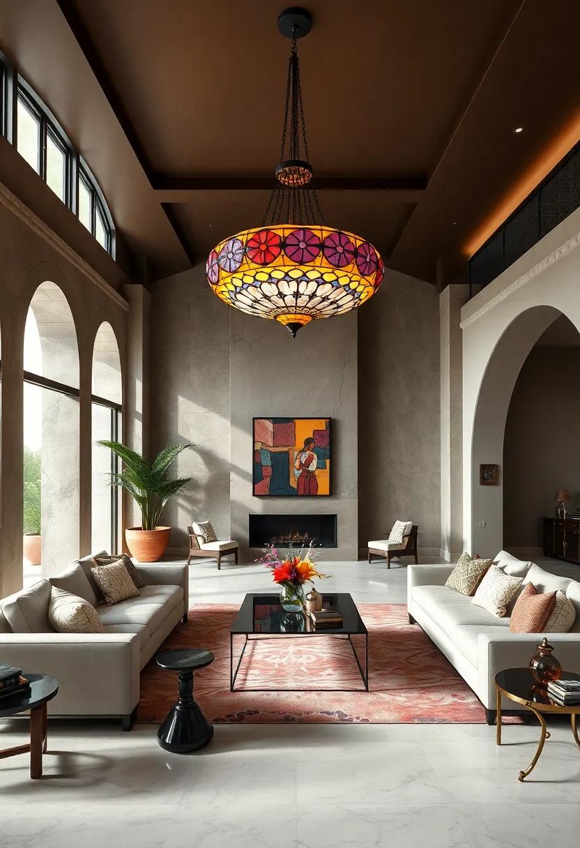 Indulge in ⁣a ⁤glamorous ⁢Hollywood ⁢villa⁣ where a tiffany-style stained⁢ glass chandelier adds a ​splash of color to the room, merging art with functionality