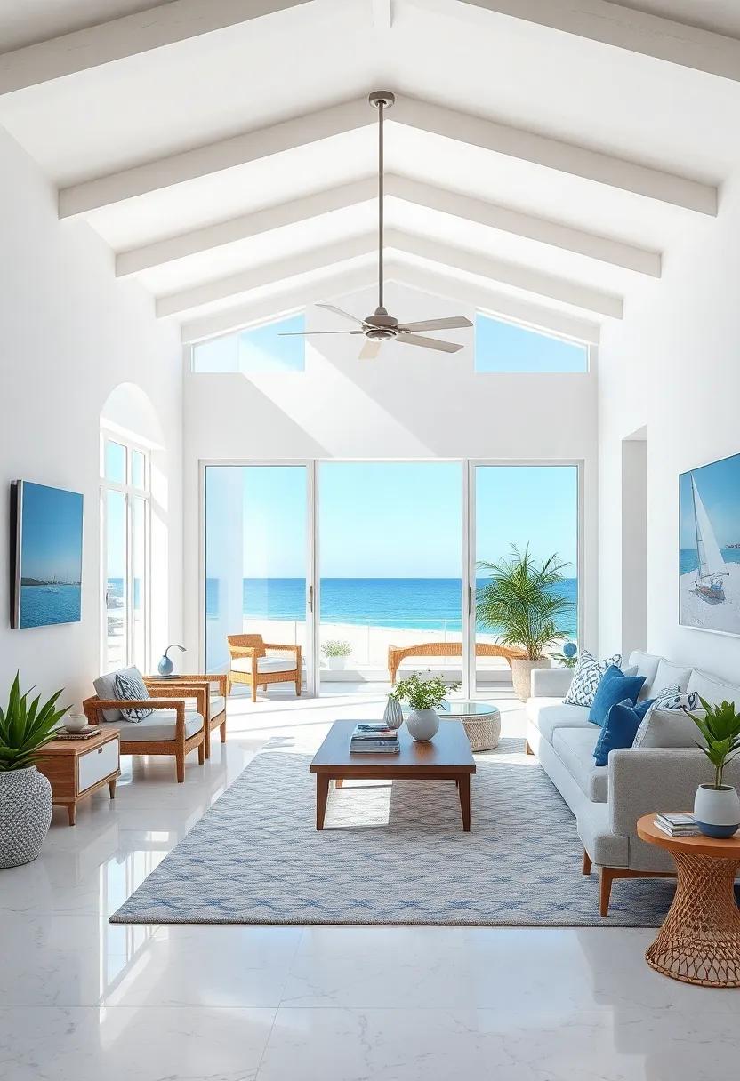 Bright and airy, this‌ coastal sanctuary features an open layout where crisp white walls and blue accents create a​ tranquil atmosphere, inviting the beach‍ inside