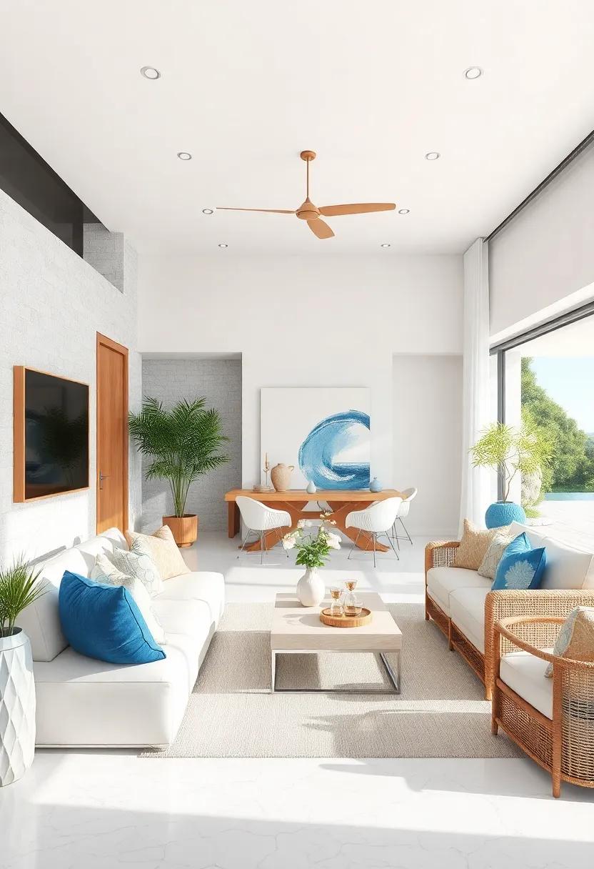 Combining modern minimalism with organic‍ textures, this beach house interior features ‍a palette of whites ⁢and blues, complemented by natural wood accents that evoke ‌a sense of effortless ‍elegance