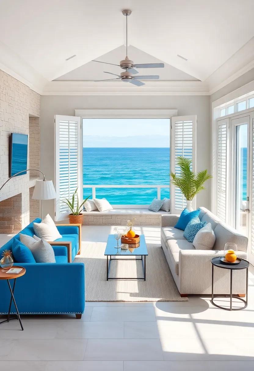 A breathtaking view of the ocean is perfectly framed with ⁤white plantation shutters in this beach house den, ‍where ‍a cozy blue sectional invites guests to relax ‌and enjoy the scenery