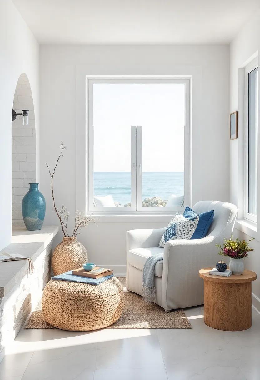 A cozy reading nook, bathed in the glow of natural light, features a ‌plush white armchair adorned with blue accents, inviting hours of blissful⁤ retreat with⁣ a view of the coastline