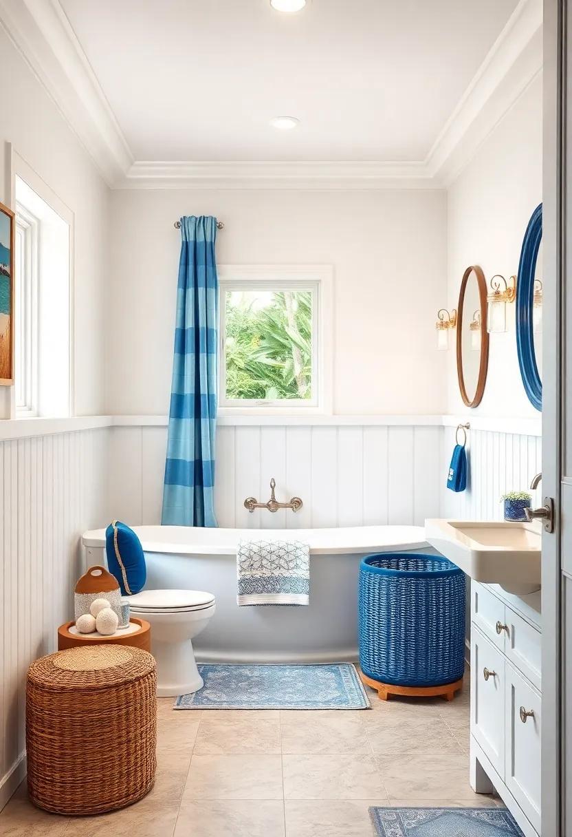 The secondary⁣ bathroom, featuring a nautical theme, combines white beadboard wainscoting with⁢ striking blue‍ accents, creating a playful ⁢yet refined space where coastal ⁢charm meets ‍comfort