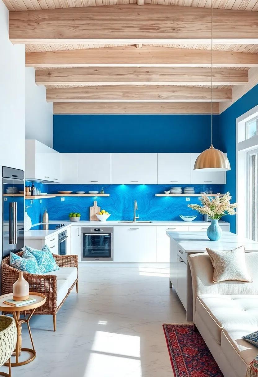 The vibrant blue backsplash ‍in the kitchen complements the sleek white cabinetry and marble countertops, bringing a refreshing pop of color‌ that echoes the surrounding ocean waves