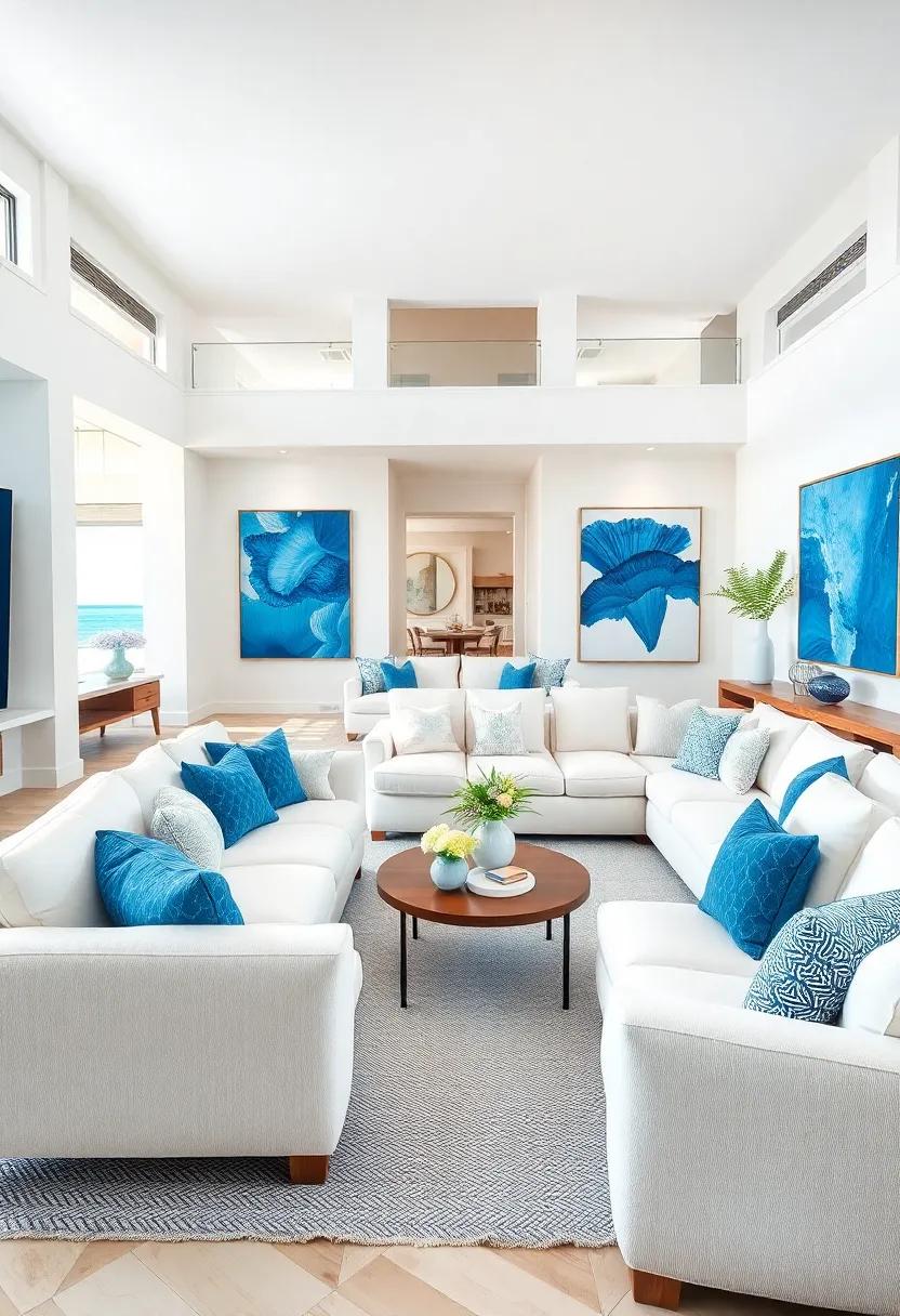 The media room,⁣ adorned with oversized white⁤ sectionals ⁢and striking blue​ art pieces, invites cozy movie‌ nights and lively​ gatherings, embodying the heart of coastal home life
