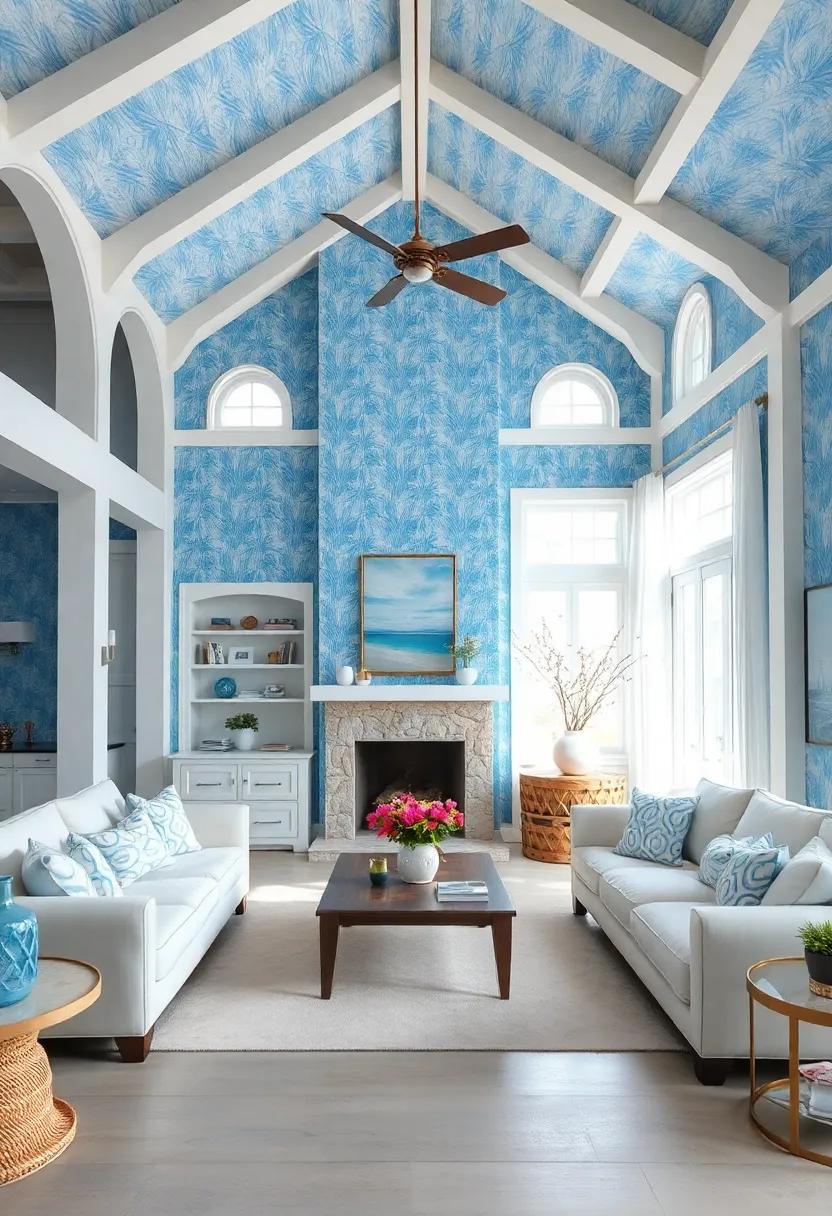 Featuring airy vaulted ceilings and stunning blue wallpapers, this beach⁤ house captures⁣ the essence of elegance with a chic, coastal twist ‍using a perfect blend of texture and color